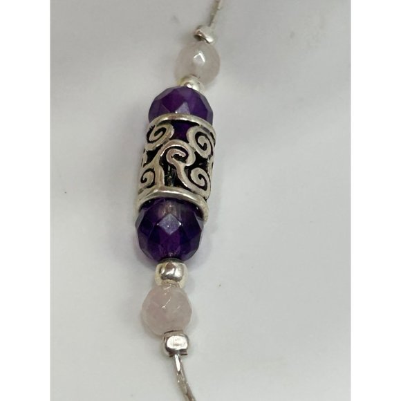 Amethyst & Pink Quartz Sterling Silver Station Necklace Signed PZ Israel 925 - Picture 7 of 7